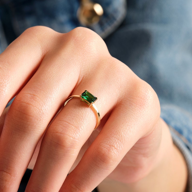 Emerald Ring Gold, Emerald Engagement Ring, Baguette Ring, Emerald Green Ring, Handmade Jewelry Women, Birthstone Ring, 14K Solid Gold Ring