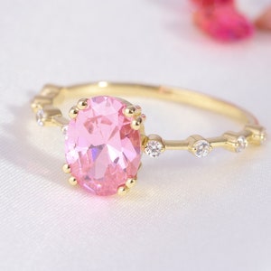 Oval Rose Quartz Diamond Engagement Ring, 18K 14K 10K Luxury Wedding Ring Bride, Solitaire Promising Jewelry, Valentine Bridal Shower Ring