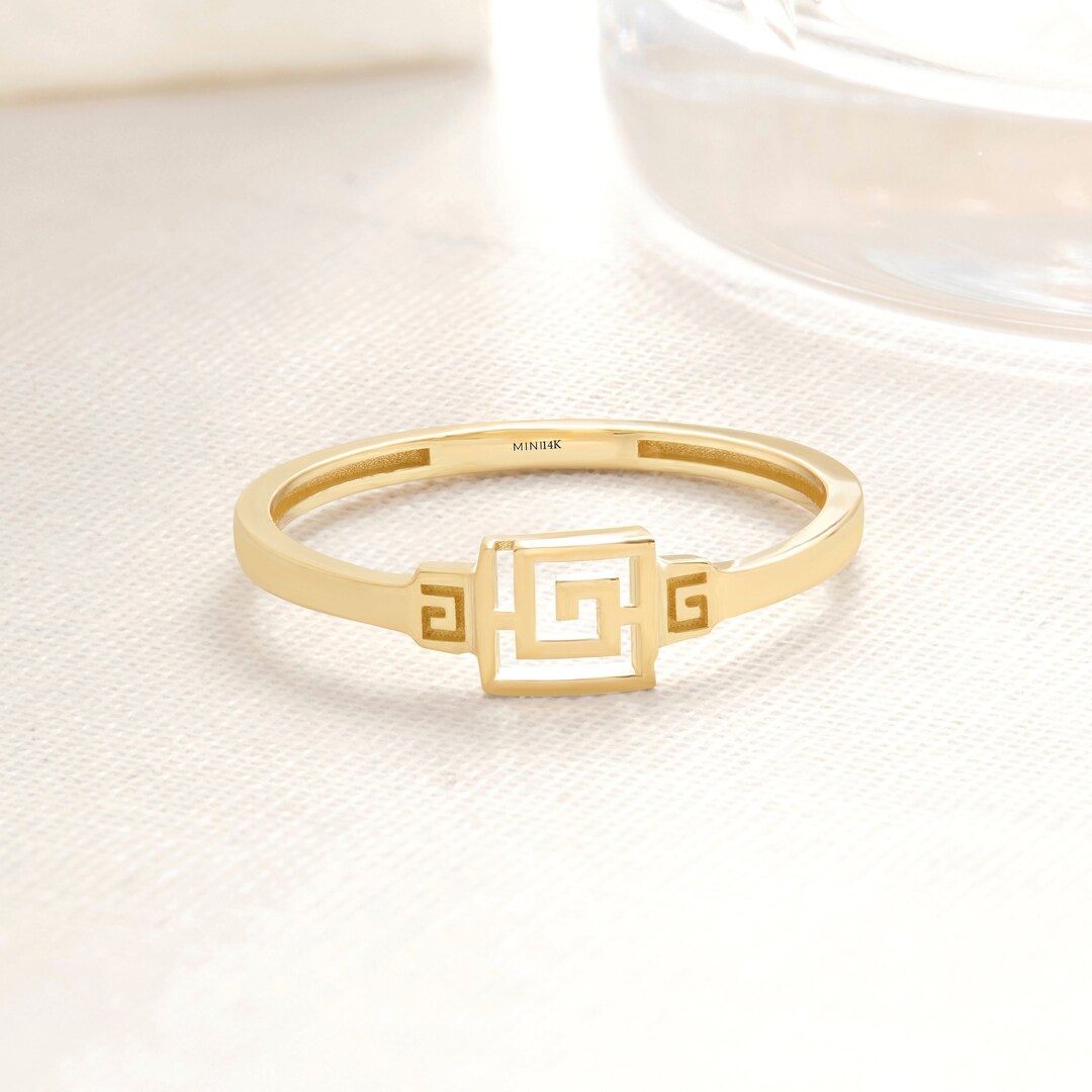 Geometric Key Ring Geometric Greek Key Stackable G Ring Gold, 10K 14K 18K Solid Real Gold ...