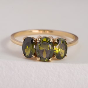 Peridot Ring Gold, Three Stone Ring, Birthstone Jewelry Ring, Engagement Ring, 14K Solid Gold Ring Women, Handmade Jewelry, Gift for Her