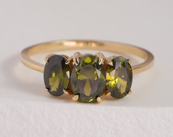 Peridot Ring Gold, Three Stone Ring, Birthstone Jewelry Ring, Engagement Ring, 14K Solid Gold Ring Women, Handmade Jewelry, Gift for Her