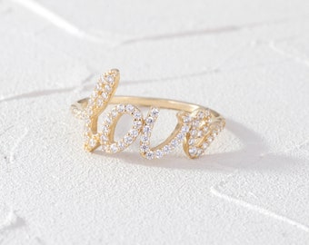 Love Letter Cz Diamond Ring, 14K Real Gold Dainty Diamond Love Ring, Valentine Ring Gift Girl, I Love You Ring, Romantic Valentin Gifted Her