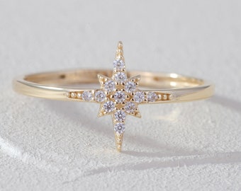 Thin Diamond Snowflake Ring, 14K Gold North Star Celestial Band Spike Tiny Moissanite Ring