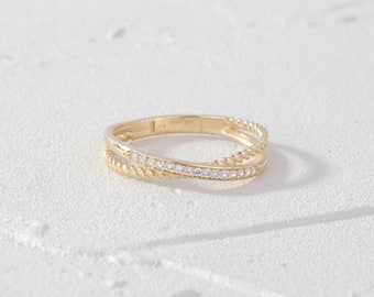 Pave X Ring Crossover Diamond Ring Engagement 14K Solid Gold, Criss Cross Diamond Wedding Ring, Split Shank Band Cross Over Double Ring