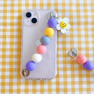 Pastel Beaded Phone Case Strap Holder, Cute Phone Case Chain with Smiley Flower Charm,  Gift for Friends and Family