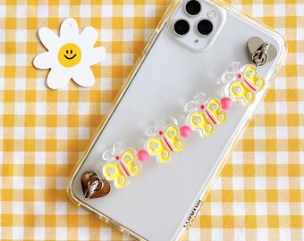 Yellow Butterfly Phone Chain Strap with Silver Heart Adhesive Hook, Kawaii Phone Case Holder, Beaded Phone Accessory