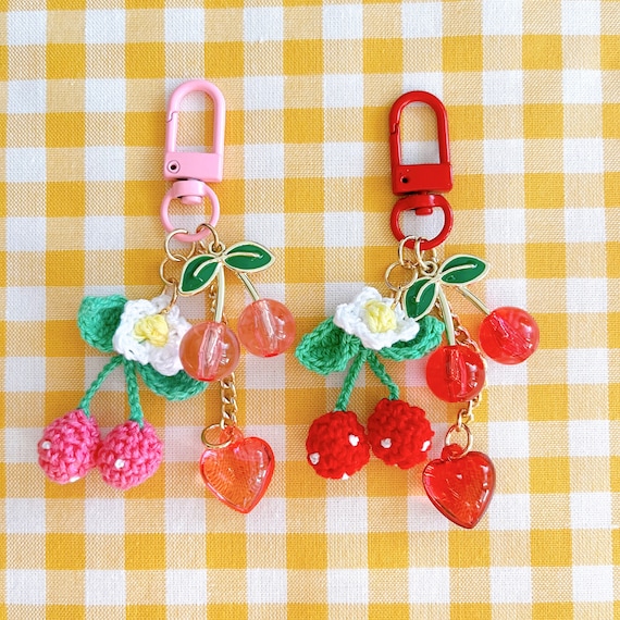 Knitted cherry keychain