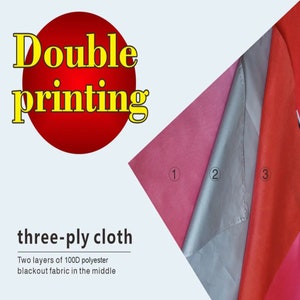 May include: Close-up of three fabric swatches, labeled 1, 2, and 3. The fabric is a three-ply cloth with two layers of 100D polyester blackout fabric in the middle. The text "Double printing" is in a red circle with yellow text.