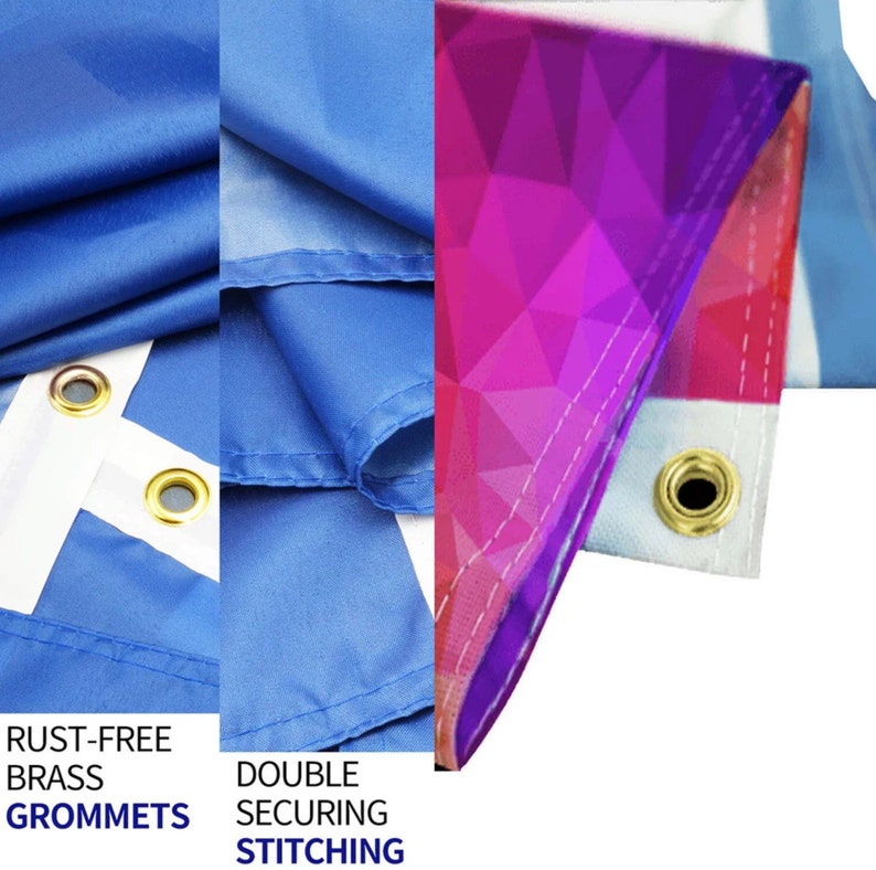 May include: Close-up of a blue flag with white cross. The flag has rust-free brass grommets and double securing stitching.
