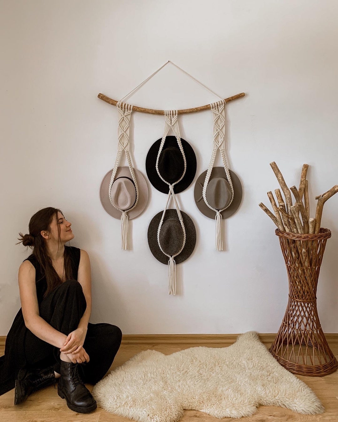 Macrame Hat Hanger, Triple Macrame Hat Holder, Boho Hat Organizer