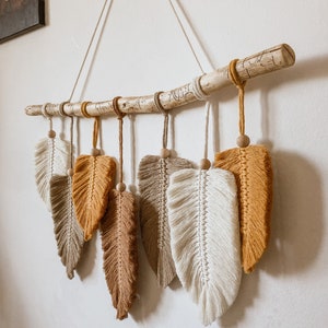 Colorful macrame feather, Multicolor macrame leaf, Autumn macrame leaves, Boho yarn wall hanging, Bohemian macrame mural, Above bed decor image 4