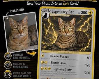 Cartão de metal personalizado para carteira inspirado em Pokémon com tema de gato | Presente personalizado com foto do seu pet | Cartão colecionável do Lightning | Lembrança para amantes de gatos