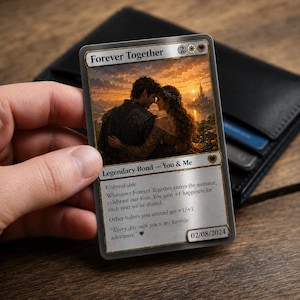Op de afbeelding: Een metalen ruilkaart getiteld Forever Together met een illustratie van een koppel dat elkaar omhelst bij zonsondergang. De kaarttekst bevat Legendary Bond - You & Me, Unbreakable, de datum 02/08/2024 en een citaat over gedeelde avonturen.