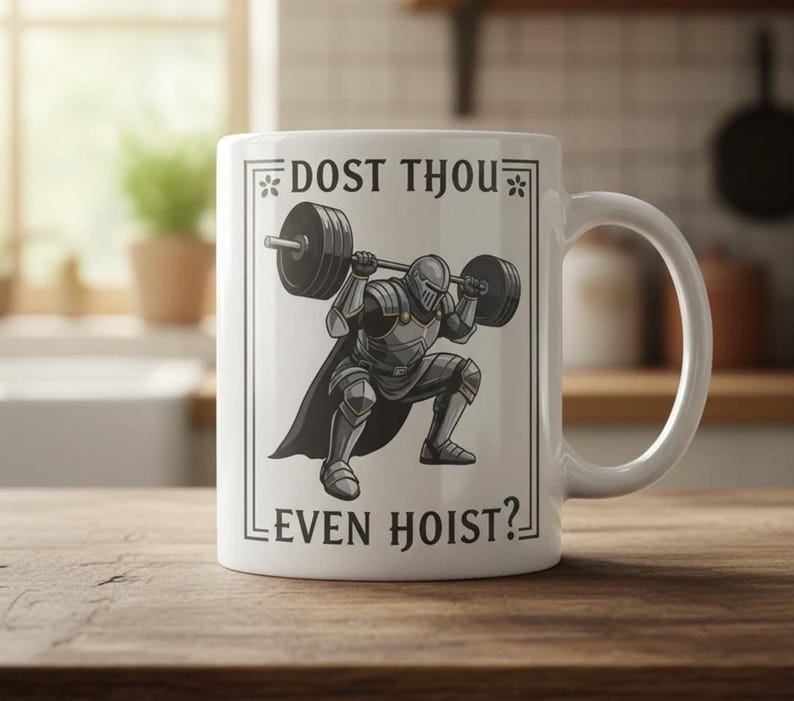 Może przedstawiać: Biały ceramiczny kubek z ilustracją rycerza podnoszącego ciężary. Rycerz jest w zbroi i podnosi sztangę. Kubek ma napis "DOST THOU EVEN HOIST?" w ozdobnej ramce.