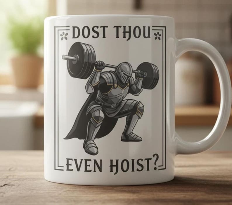 Może przedstawiać: Biały ceramiczny kubek z czarno-szarą ilustracją rycerza podnoszącego sztangę. Kubek ma czarny napis "DOST THOU EVEN HOIST?" w czarnym kolorze, obramowany ozdobną obw&oacute;dką. Kubek ma biały uchwyt.