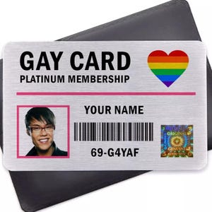 carte gay | Carte portefeuille en métal personnalisée | Cadeau pour lui | Blague drôle | Cadeau d'anniversaire | Bi lesbienne LGBTQ | Carte d'identité personnalisée avec photo