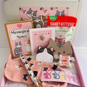 May include: A gift box containing a pink pair of cat-patterned socks, a pen with cat motifs, a notebook labelled Meowgical Notes, a Pocket Hug card with a small cat charm, a bag of Candy Kittens Wild Strawberry sweets, cat-shaped paperclips, and stickers.