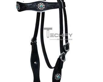 Leather Horse Bridle: Dressage Equestrian Headstall with Brass Conchos