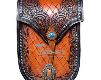 Juego de alforjas de cuero estilo western, elaboradas a mano: diseño de tejido floral en cesta.