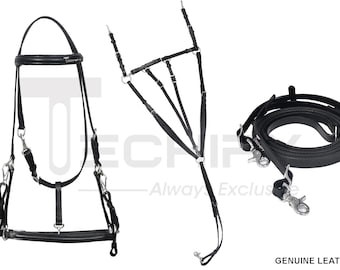 Juego de pechera de cuero negro con cabestro, riendas antideslizantes y placa personalizada