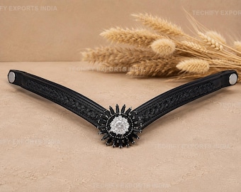 Cabezada de caballo trenzada de cuero con broche de cristal, accesorio de brida ecuestre con pedrería en forma de hoja blanca y negra