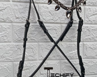 Bride De Dressage En Cuir Ridex - Bandeau Rembourré, Cristaux, Noir, Taille Unique Cheval