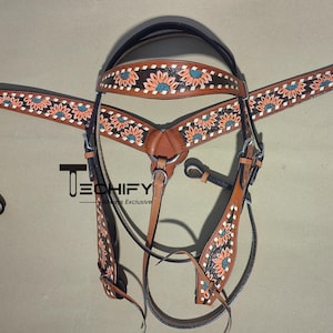 Sunflower Patterned Tan Leather Headstall & Breastplate Western Tack Set