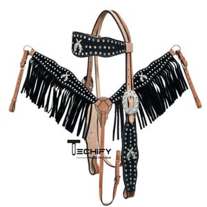 Black Leather Headstall Western Horse Trail Barrel Racing Bridle Fringe Breast Collar Plate Tack Set