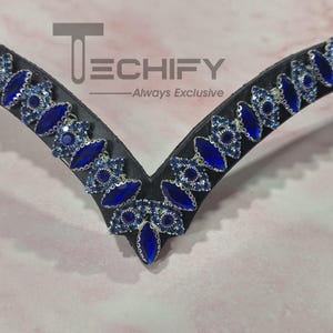 Sapphire Crystal V Shape Leather Browband for Horse Dressage Accessory Handmade Leather Gift for Horse Shows Crystal Browband for Equestrian
