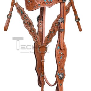 Rustic Tan Leather Horse Headstall & Breastplate Set with Sky-Blue Rhinestones