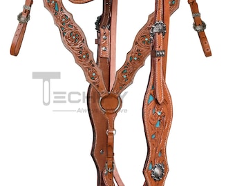Rustic Tan Leather Horse Headstall & Breastplate Set with Sky-Blue Rhinestones