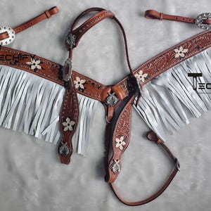 Handmade Western White Fringe One-Ear Sliding Headstall & Breast Collar Tack Set with Silver Rivets and Floral Tooling-Pick your color