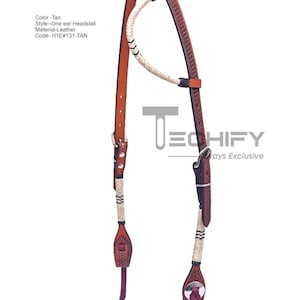 May include: Tan leather horse headstall with one ear, featuring a braided rope design and a silver buckle. "H1E#131-TAN" is printed on the image. "Techify Ways Exclusive" is printed on the image.