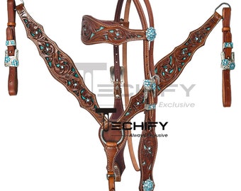 Western Horse Trail Barrel Headstall Breastplate set Brown colored leaf Tooling carving Traditional pattern Browband w Skyblue Suede lining