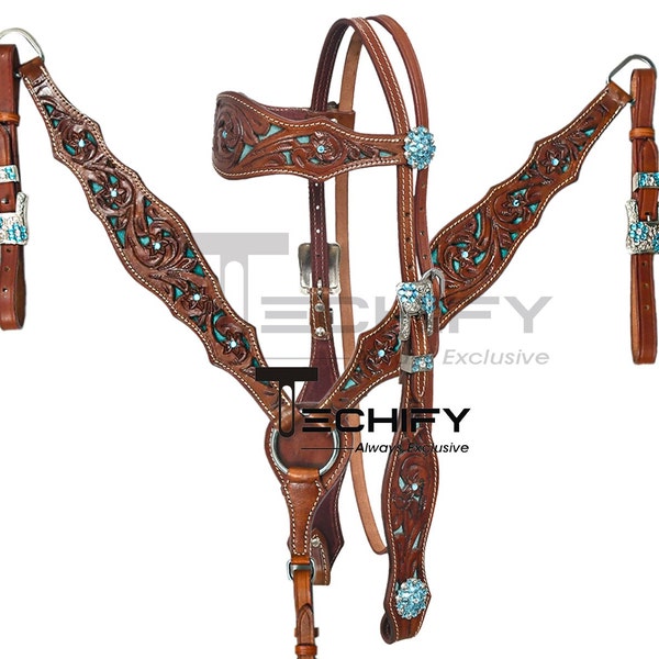 Western Horse Trail Barrel Headstall Breastplate set Brown colored leaf Tooling carving Traditional pattern Browband w Skyblue Suede lining