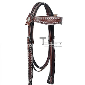 Brown Leather Western Headstall and Breast Collar Set with Star Conchos & Crystal Accents