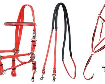 Red PVC Endurance Halter Bridle with Reins, Breast Plate, Custom Brass Name Plate