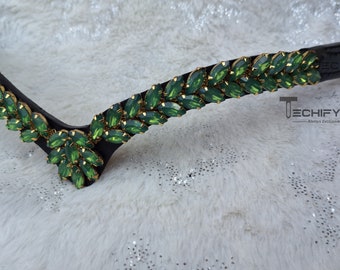 Handmade Leather V-Shaped Browband with Emerald Green Crystals