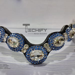 Wave Style Leather Browband with Sapphire & Clear Crystals