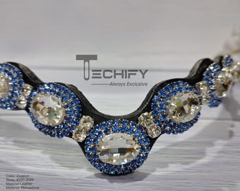 Wave Style Leather Browband with Sapphire & Clear Crystals