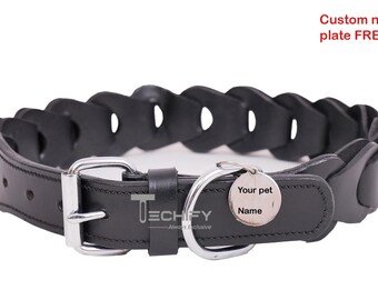 Collar de cuero trenzado para perro con correa: placa de identificación personalizada
