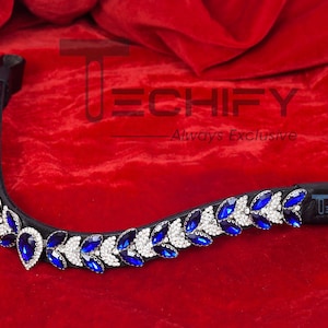 Horse Leather Browband with Royal Blue Crystal White Leaf shape Crystal browband with top Quality Leather
