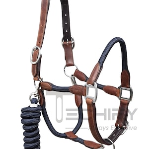 Brown Leather Horse Halter: Adjustable, Heavy-Duty with Blue Nylon Cord