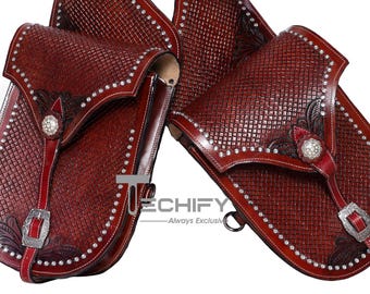 Juego de alforjas de cuero estilo western, elaboradas a mano: diseño de tejido floral en cesta.
