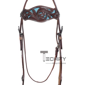 Western Horse Trail Barrel Headstall Breastplate set Brown colored leaf Tooling carving Traditional pattern Browband w Skyblue Suede lining