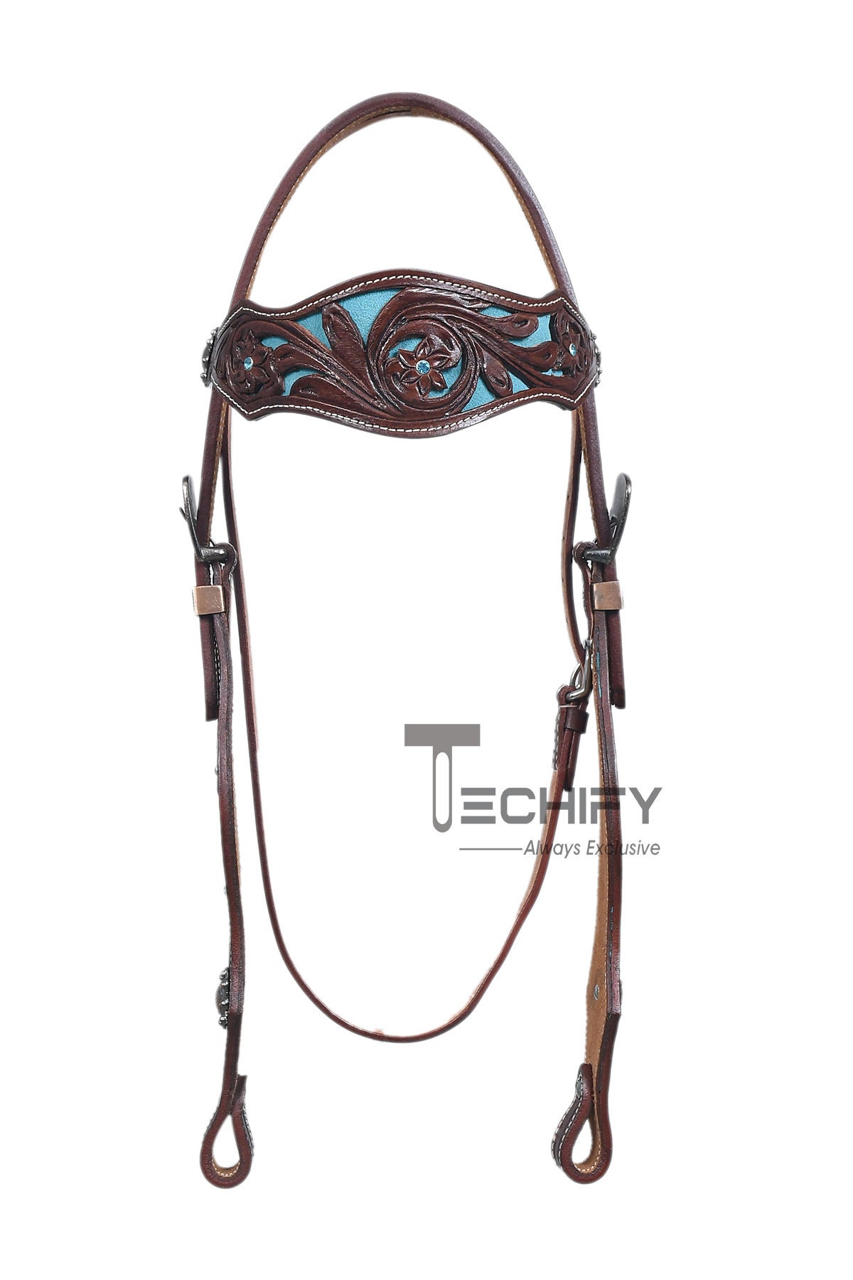 Western Horse Trail Barrel Headstall Breastplate set Brown colored leaf Tooling carving Traditional pattern Browband w Skyblue Suede lining