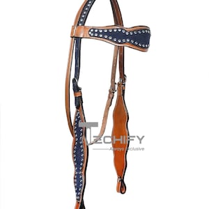 Tan Leather Headstall and Breast Collar Set with Wave Design and Crystal Accents