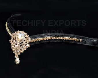 Bride De Dressage En Cuir Avec Strass Dorés Et Rembourrage Doux - Alfalah International