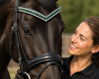Emerald Green Crystal V-Shape Dressage Browband - Black or Brown Leather