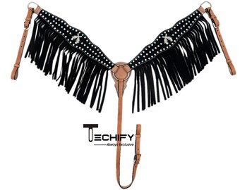 Western Leather Breast Collar, Tooled Fringe Horse Tack, Hand Painted Braided Riding Gear